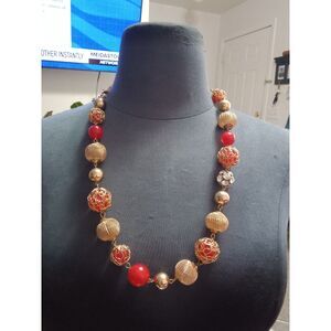 Vintage Red and Gold Toned Beaded Rhinestone Necklace